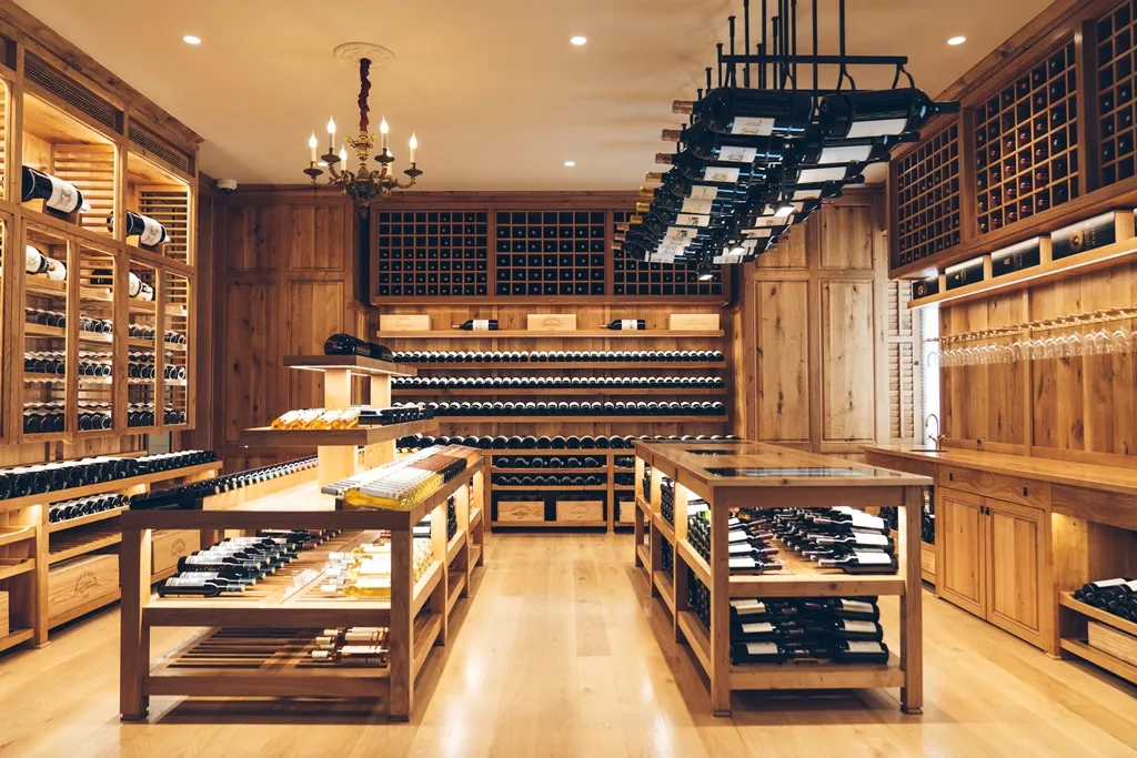 Luxurious wine cellar featuring wooden storage units, wine bottles displayed on shelves and presentation tables, decorative chandeliers, light parquet flooring, and refined château-style design.