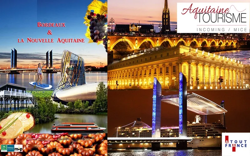 Collage showcasing Bordeaux tourist attractions in Aquitaine: illuminated monuments at night, stone bridge, historic buildings, local products and Aquitaine Tourism logo