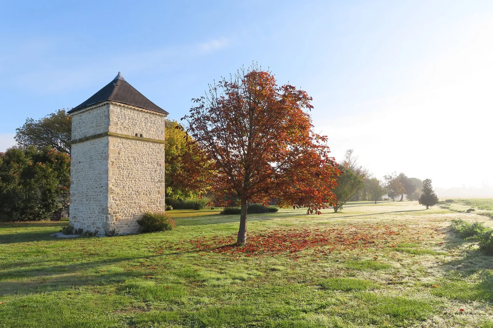Stone tower of Château Pierre de Montignac in Bordeaux with conical roof, surrounded by autumn trees in a lush park