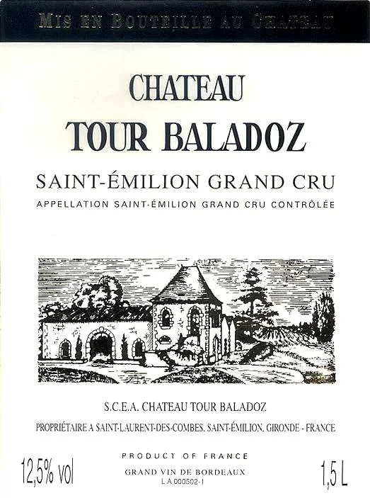 Wine label for Château Tour Baladoz, Saint-Émilion Grand Cru, 1.5L bottle, 12.5% vol, French wine from Bordeaux