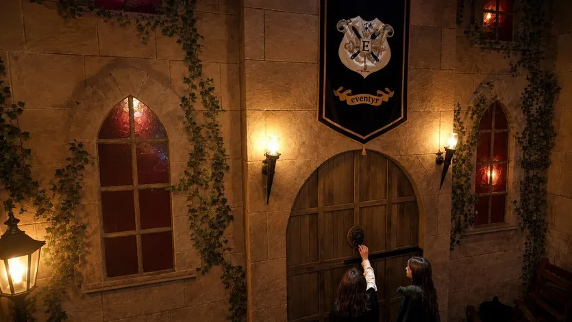 Illuminated medieval facade of Eventyr in Bordeaux featuring a wooden arched door, red windows, climbing ivy, and two visitors exploring the architecture.
