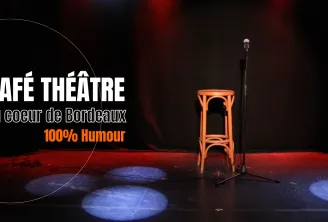 Theater stage with an orange chair, microphone stand and blue spotlights, advertising Café Théâtre Au cœur de Bordeaux 100% Humour