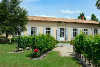 Cadillac Wine House in Bordeaux: beige building with blue shutters surrounded by vineyard rows and green gardens