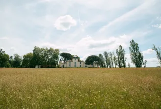View of Domaine de Malagar, a pale yellow manor house surrounded by poplar trees, standing in the middle of a grain field under a partly cloudy sky.