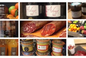 Collage showcasing Epicerie 56's products and atmosphere in Bordeaux: canned goods and condiments, local wines, cured meats, fresh produce, artisanal juices and beverages, pasta and regional specialties, and shopkeeper portrait.