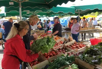 Talence Centre market in Bordeaux: fresh vegetable stand under green umbrellas with customers shopping for produce.