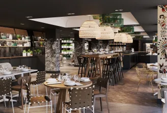 Modern restaurant interior featuring a central wooden bar, round and high dining tables, designer chairs, natural rattan pendant lights, decorative patterned columns, wall shelving, contemporary ceiling with skylight and greenery, at Bordeaux's Les Décant