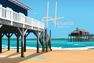 Illustration of French coastal beaches featuring traditional stilt beach houses and the Hexavis logo, your reception in France