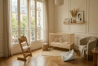 Elegant nursery room in Bordeaux featuring a natural wood crib, high chair, beige armchairs, French windows overlooking Haussmann buildings, herringbone parquet flooring and minimalist decor.