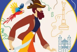 Illustration of an adventurer woman holding a flashlight with a colorful parrot and Bordeaux landmarks including the cathedral and street lamp on a blue background.