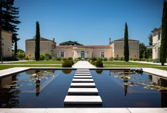 Bordeaux estate featuring a beige-toned mansion with cylindrical towers, symmetrical grounds, a central black and white checkered pathway crossing a reflecting pool with water lilies, and cypress trees flanking the gardens.