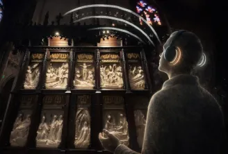Visitor wearing headphones viewing the illuminated bronze doors of the Basilica of Saint-Seurin in Bordeaux at night, featuring detailed religious sculptural scenes.