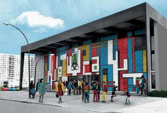 The Grand Parc Festival Hall in Bordeaux, a modern building with a vibrant geometric façade in red, blue, yellow and white, surrounded by residential apartments, with children playing in front of the entrance.