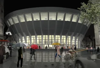 Night view of Bordeaux Sports Palace with its curved illuminated facade, people with umbrellas and cyclists on the wet plaza in front of the building