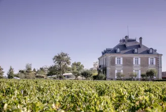 Haut-Bailly Estate, a grand 19th-century stone mansion with slate roof, surrounded by vineyards near Bordeaux
