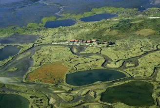Aerial view of Île aux Oiseaux near Bordeaux, featuring traditional stilt houses surrounded by meandering rivers, lakes, and lush wetlands