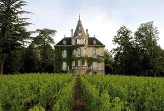 Château les Carmes Haut-Brion in Bordeaux, a 19th-century mansion with mansard roof surrounded by vineyards and mature trees