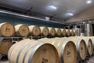 Interior of Château de Roques winery in Bordeaux featuring rows of wooden oak barrels arranged for wine aging, with stainless steel equipment visible in the background