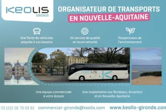 Presentation of Keolis Gironde, transport operator in New Aquitaine, featuring a white and blue coach, images of Bordeaux and the coastline, and three service pillars: adapted fleet, quality and safety, environmental respect.