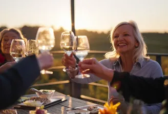 A group of people toasting with white wine glasses during a sunset dinner on a terrace, with vineyards in the background.