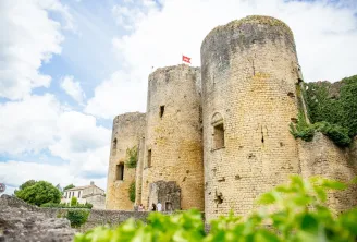 Villandraut Castle near Bordeaux, medieval fortress featuring three cylindrical stone towers, French flag flying, surrounded by lush greenery and fortification walls.