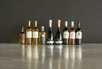 Nine bottles of Bordeaux wine arranged in a row on a gray surface, featuring golden white wines, red wines, and rosés from Château d'Arche and other Bordeaux châteaux.
