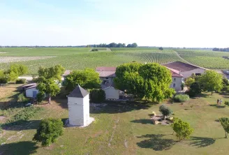 Aerial view of Château Pierre de Montignac near Bordeaux, featuring traditional buildings, a white tower, mature trees, and surrounding vineyards