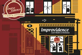Colorful storefront of the Improvidence café-theater in Bordeaux, featuring a red circular logo and illustrated windows with stylized characters