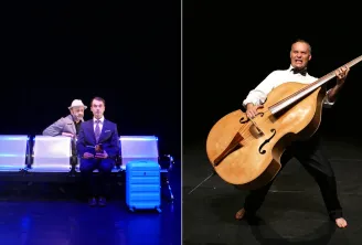 Two theatrical scenes at the Pont Tournant Theater in Bordeaux: on the left, two costumed actors sitting on illuminated blue chairs with luggage; on the right, a musician playing cello in formal attire.