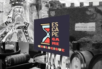 Oenological escape game poster in Bordeaux featuring Charlemagne's treasure, displaying a king's portrait, hourglass, wine barrels, and Monconseil-Gazin castle backdrop.
