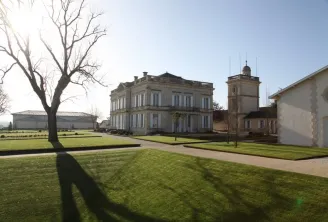 Overview of Château Gruaud Larose in Bordeaux featuring the main stone façade, a clock tower, a bare tree in the foreground, and outbuildings set within a green park.
