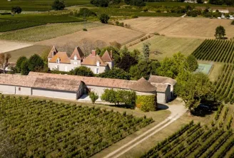 Aerial view of Château de Chelivette surrounded by vineyards, featuring red-tiled roofs and thatched outbuildings in the Bordeaux wine region.