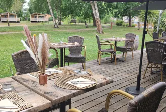 Outdoor dining terrace at Bistrot du Lac in Bordeaux featuring set tables, wicker chairs, black umbrella, floral decorations and a view of a green park with trees and small cottages in the background