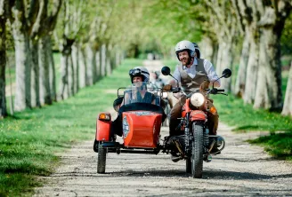 Two helmeted riders on a vintage motorcycle with red sidecar driving through a tree-lined avenue in Bordeaux during a retro tour.