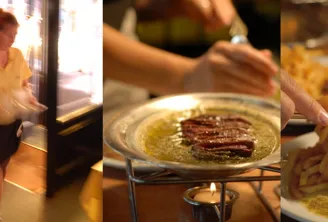 Collage showcasing the dining experience at L'Entrecôte in Bordeaux: restaurant storefront, rare steak with béarnaise sauce, and crispy fries served by staff