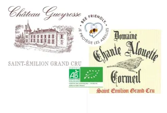 Wine labels from Château Gueyrosse and Domaine Chanté Alouette Cormeil, Saint-Émilion Grand Cru wines from Bordeaux with organic agriculture certification
