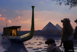 Fantastical view of an illuminated traditional boat on water at sunset, with Egyptian pyramids in the background and visitors watching the scene from the shore in Bordeaux.
