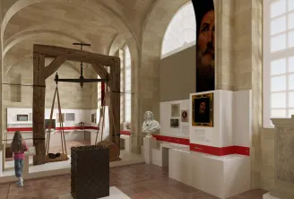 Interior of the National Customs Museum in Bordeaux displaying an exhibition with a wooden historical scale, red-banded information panels, portraits and customs objects in a vaulted gallery.
