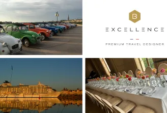 Collage featuring colorful vintage cars lined up in Bordeaux, a cruise ship, and an elegantly set dining table with glassware and flowers for a premium event.