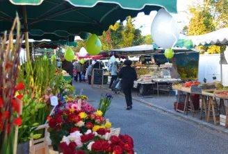 Gradignan Market in Bordeaux featuring red and pink flower stalls in the foreground, green and white balloons, vendors and shoppers browsing under green awnings, autumn trees in the background