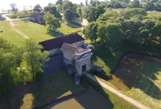 Aerial view of Fort Médoc near Bordeaux, a historic fortress surrounded by moats and greenery