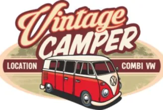Vintage Camper logo featuring a red and white VW Combi van with 'Location' and 'Combi VW' text on a beige background