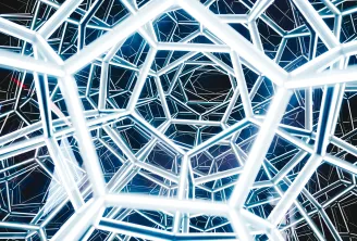 Blue and white neon tubes creating an interconnected geometric network pattern against a black background at Bordeaux's Museum of Illusion