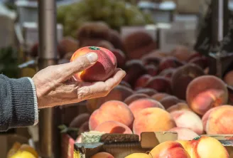 Person holding a peach at the Saint-Seurin farmers market in Bordeaux, with 'Fruites'font' fruit boxes and other peaches displayed in the background
