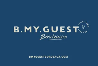 B.MY.GUEST Bordeaux logo with 'Short-term Rental 2015' circular text and website bmyguestbordeaux.com on blue background