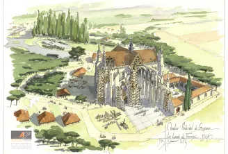 Aerial view of a medieval reconstruction project in Bordeaux featuring a Gothic cathedral, orange-roofed buildings, green spaces, a parking area, and surrounding rural landscape.