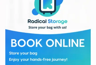 Radical Storage advertising poster for Bordeaux featuring a stylized suitcase with the app logo, promoting online bag storage booking on radicalStorage.com or through the mobile app.