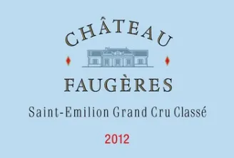 Wine label for Château Faugères, Saint-Émilion Grand Cru Classé vintage 2012, featuring a château illustration and light blue background