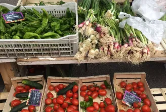 Market stall displaying fresh vegetables: green peppers in white crates, red onions with stems, tomatoes and cucumbers in wooden crates, at Eysines market in Bordeaux.