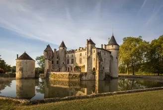 Château de La Brède near Bordeaux, medieval fortress with pointed towers surrounded by moats, reflected in still water, surrounded by trees and green fields under clear sky.